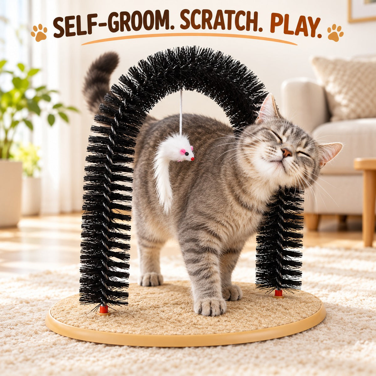Cat Self Grooming Arch 3-in-1 Activity Station for Rubbing, Scratching and Play, Everyday Cat Enrichment Spot for Home Grooming Routines