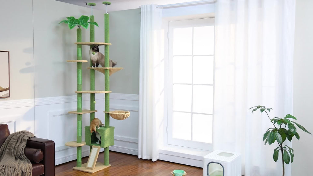 Adjustable Floor to Ceiling Cat Tree 90.5–100.4 Inches, Dual Top Support Indoor Tower with Condo, Hammocks, Climbing Platforms and Scratching Posts
