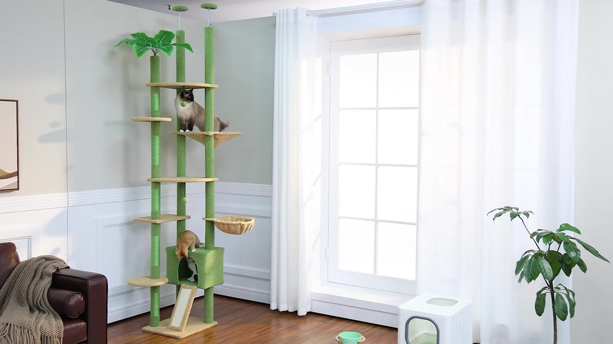 Adjustable Floor to Ceiling Cat Tree 90.5–100.4 Inches, Dual Top Support Indoor Tower with Condo, Hammocks, Climbing Platforms and Scratching Posts