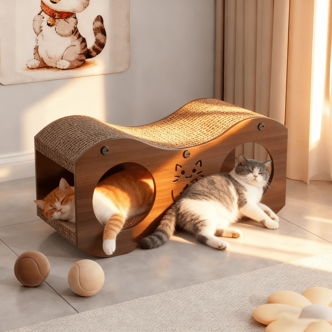 Cat Scratcher Lounge with Double Tunnel Openings, Curved Corrugated Cardboard Scratching Bed with Walnut Color Side Panels for Indoor Rest and Play