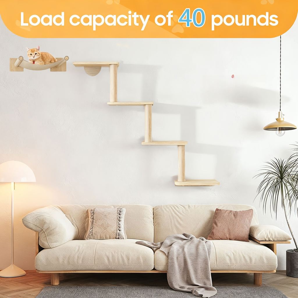 Wooden Cat Wall Steps with Five Levels, Solid Wood Wall-Mounted Cat Climbing Platforms and Indoor Perches for Space-Saving Play and Elevated Rest