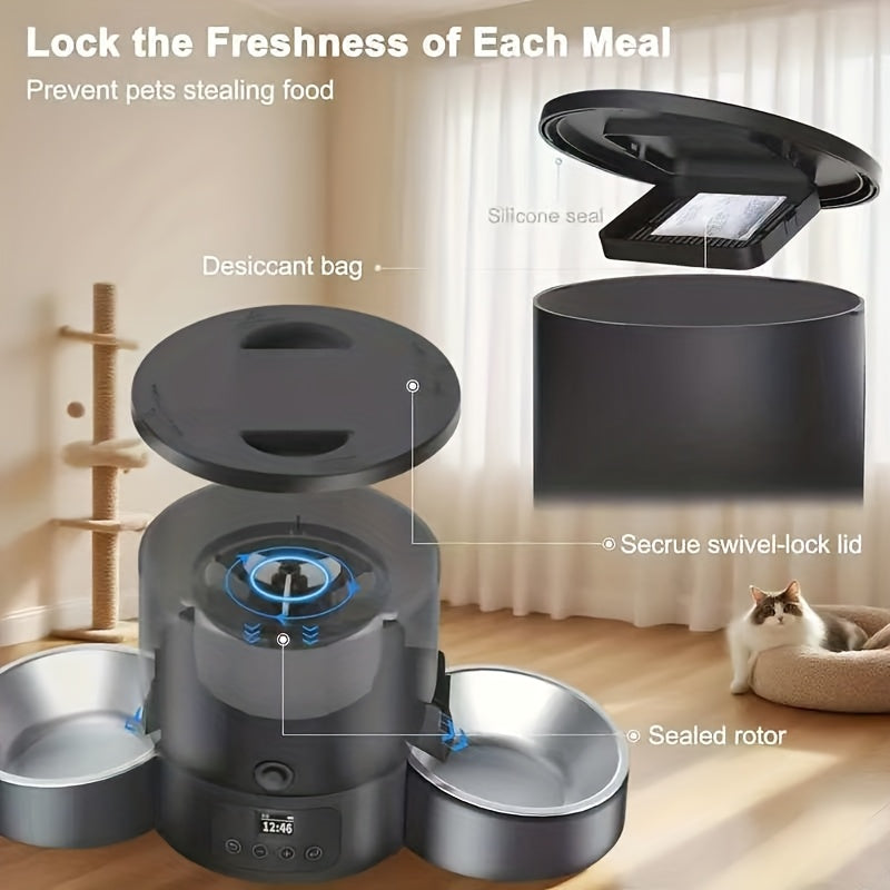 Dual Bowl Automatic Cat Feeder 3L, Button-Control Timed Food Dispenser with 1-6 Daily Feedings and 1-12 Portions per Meal, White for Cats and Dogs