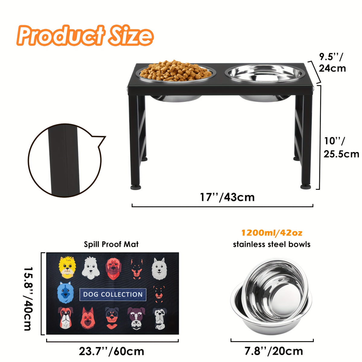 Raised Dog Feeding Station with Two 2L Stainless Steel Bowls, Metal Stand and Splash Mat for Large Dogs, 10 or 15.5 Inch Height Options