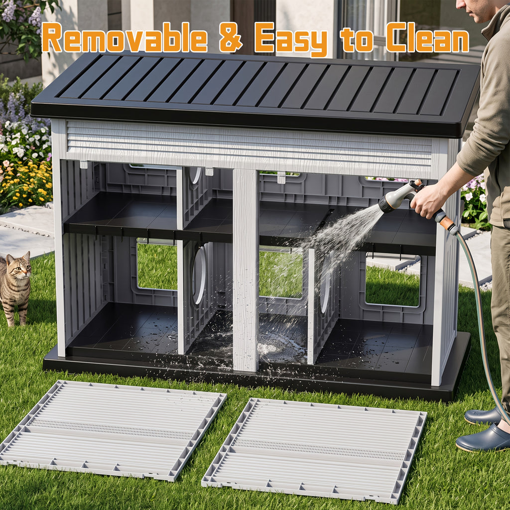 Two-Story Cat House with Multiple Small Windows, Double-Layer Cat Apartment and Resting Shelter for Stray Cats, Blue or Black Color Options