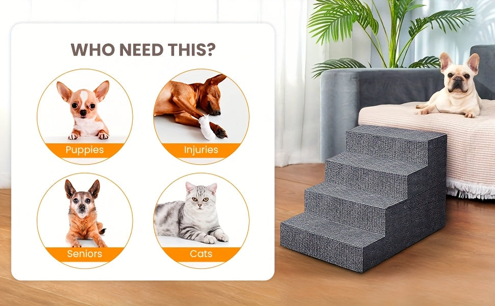 High Density Foam Dog Stairs, Gray 4-Step Pet Steps with Non-Slip Bottom for Small Dogs and Cats to Access Beds, Couches and Sofas