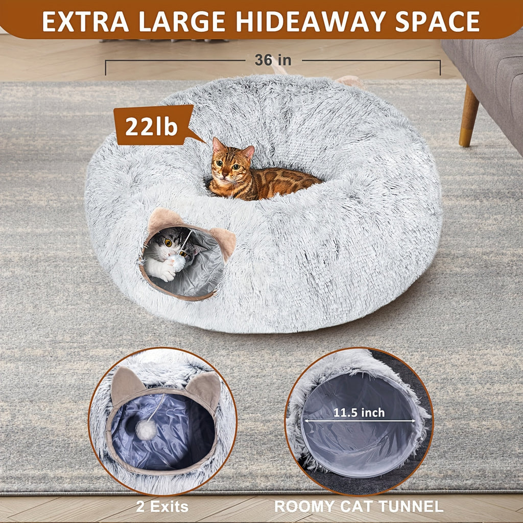 Cat Tunnel with Bed and Pet Scarf, Soft Plush Donut Hideaway with Peekaboo Opening for Indoor Cat Play and Rest, Four Color Options and Holiday Gift Idea