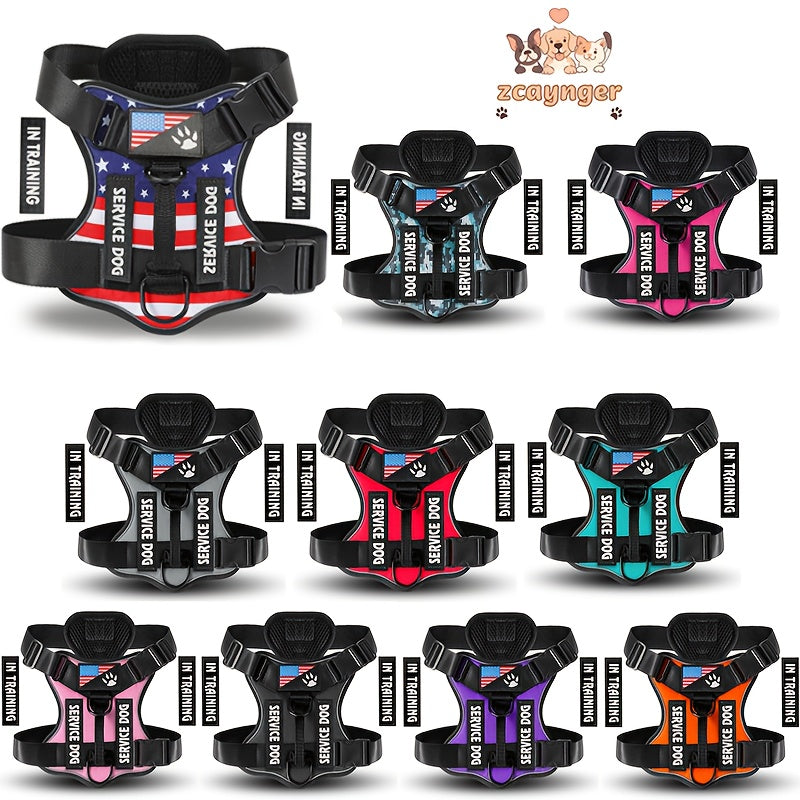 Dog Harness Patch Kit with 5 Patches, Reflective Adjustable Oxford Walking Vest with Mesh Lining, Padded Handle and Three Leash Rings, XS to XL