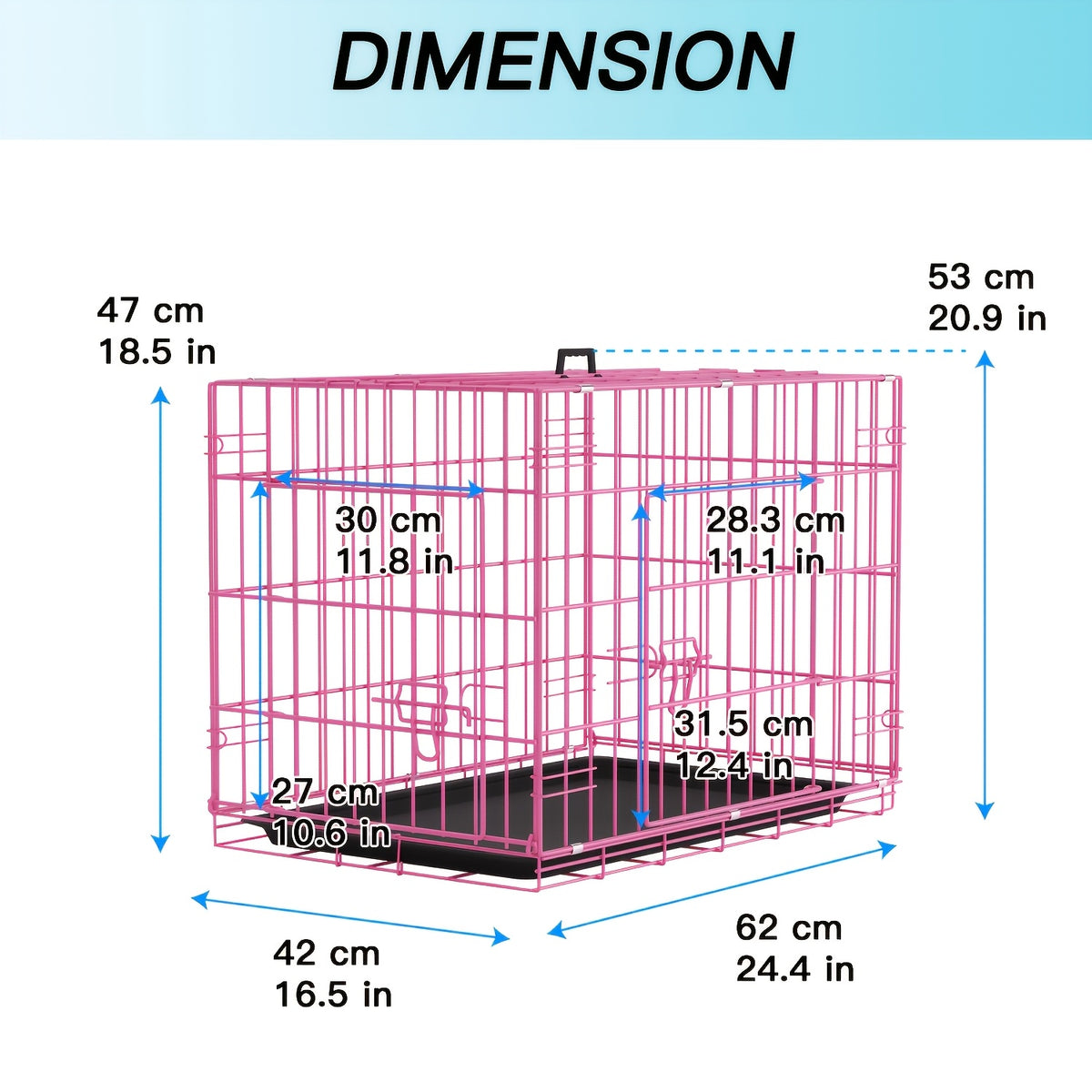 Foldable Dog Crate with Divider Panel, Metal Wire Pet Kennel with Plastic Pan in 18, 24, 30 or 36 Inch Length Options, Black, Blue and Pink Styles