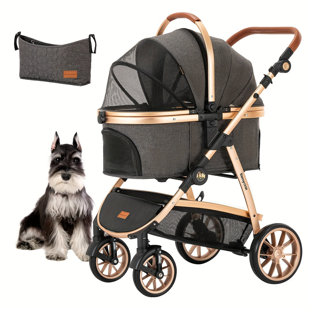 Dog Stroller with Detachable Carrier, Foldable Aluminum Pet Pushchair with No-Zip Entry, Rubber Wheels and Washable Liner for Small Dogs and Cats