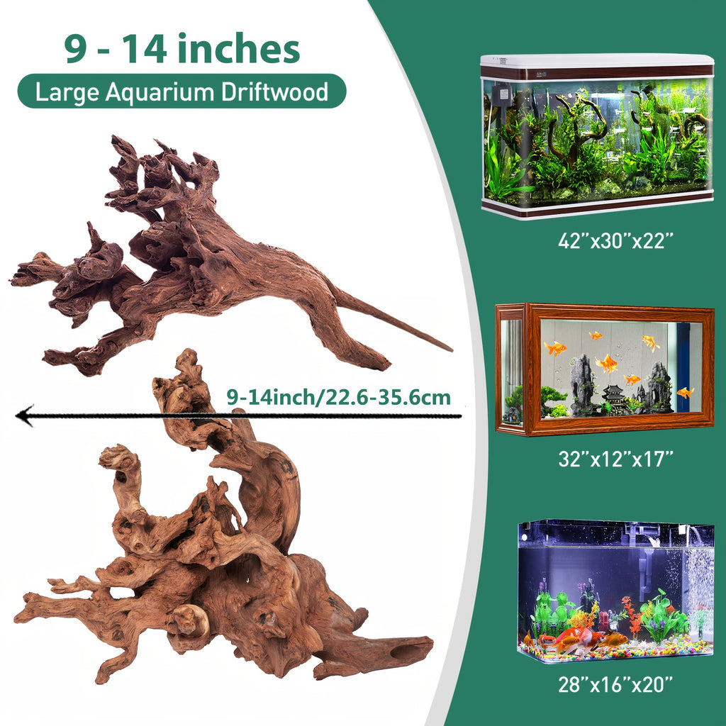 Natural Driftwood Aquarium Decoration 2-Pack, 9-14 Inch Wood Pieces for Fish Tank Aquascaping, Reptile Terrarium Decor and Custom Habitat Layouts