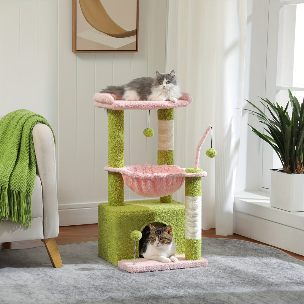 Cat Tower with Deep Hammock and Top Perch, 4-in-1 Indoor Cat Tree Listing with Condo and Scratching Post, Color and Size-Labeled Model Options