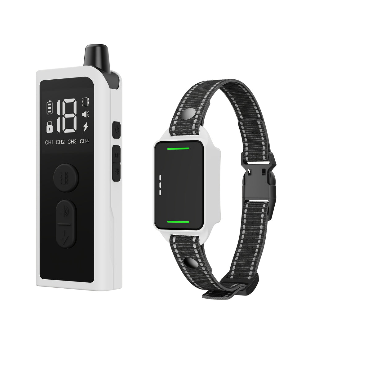 Electronic Dog Training Collar with Remote, Adjustable Nylon Strap, Beep, Vibration, Static Stimulation and Finder Light, Black or White Options