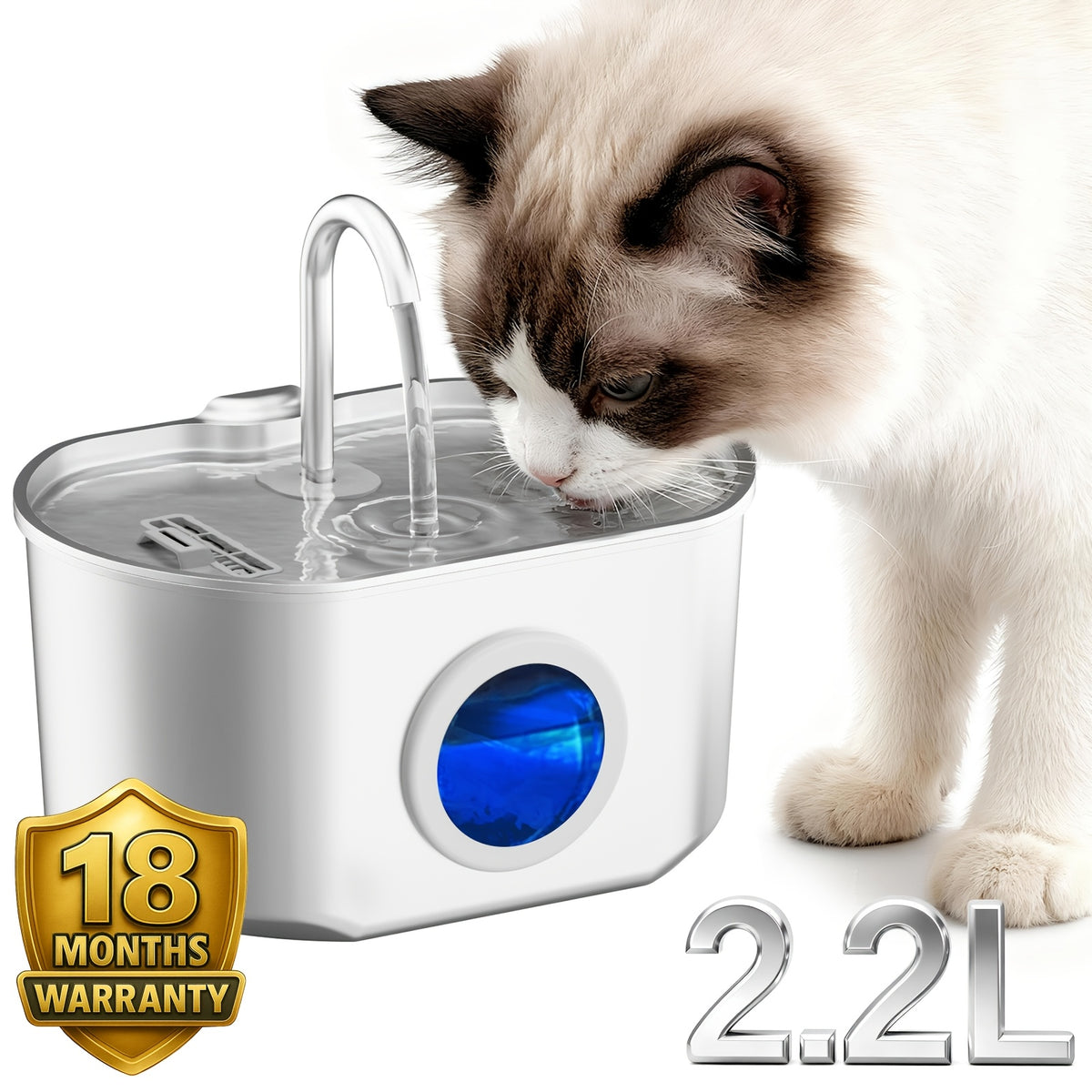 Cat Water Fountain 74oz 2.2L in 304 Stainless Steel, Quiet 5V Pet Drinking Dispenser with Water Level Window and Choice of 1 or 4 Filters