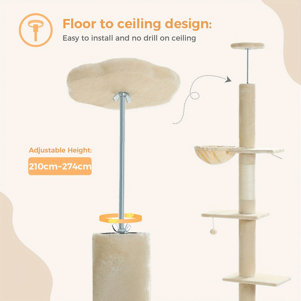 5-Tier Floor to Ceiling Cat Tree, 83–108 Inch Adjustable Indoor Cat Tower with Condo, Hammock, Scratching Post and Ladder in Seven Color Options