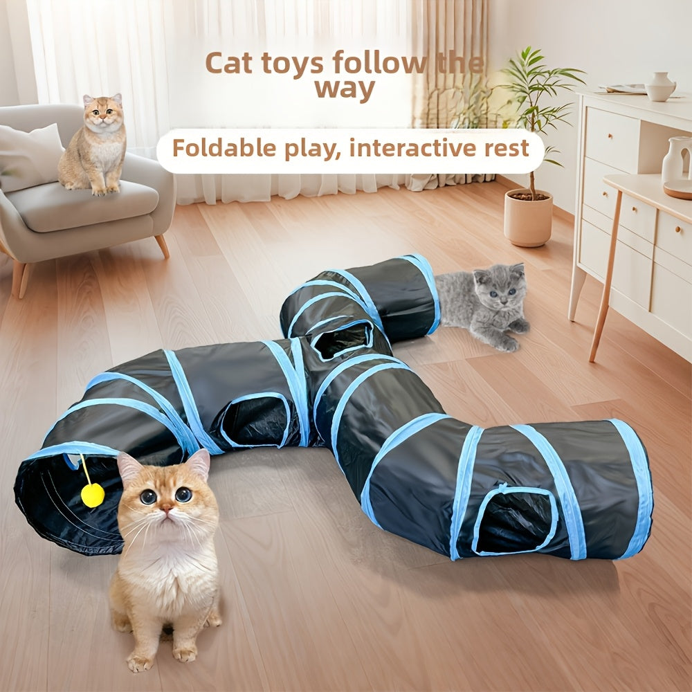 T-Shaped Cat Tunnel with Hanging Ball, Collapsible Polyester Play Tube with Multiple Entrances for Indoor Cat Hide-and-Seek and Daily Exploration