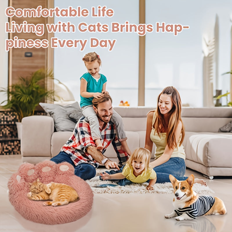 Paw Shaped Pet Bed for Dogs and Cats, Fluffy Bear Paw Donut Cushion with Raised Sides and Non-Slip Bottom in Pink, Grey or Coffee, M to 2XL