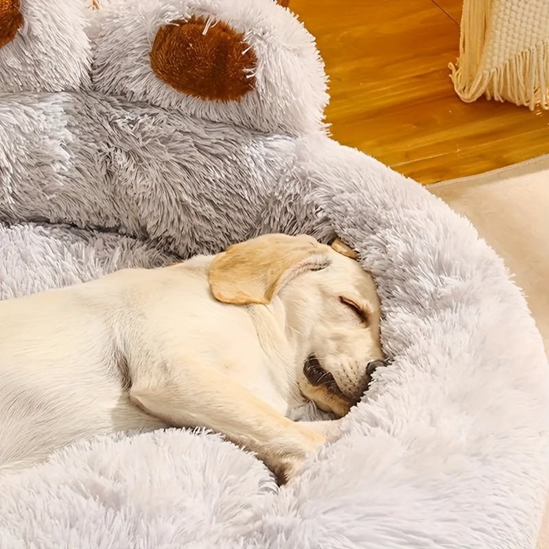 Long Plush Pet Bed with Bear Paw Shape, PP Cotton Filled Dog and Cat Sleeping Cushion with Anti-Slip Bottom, Single Bed and 2PCS Options