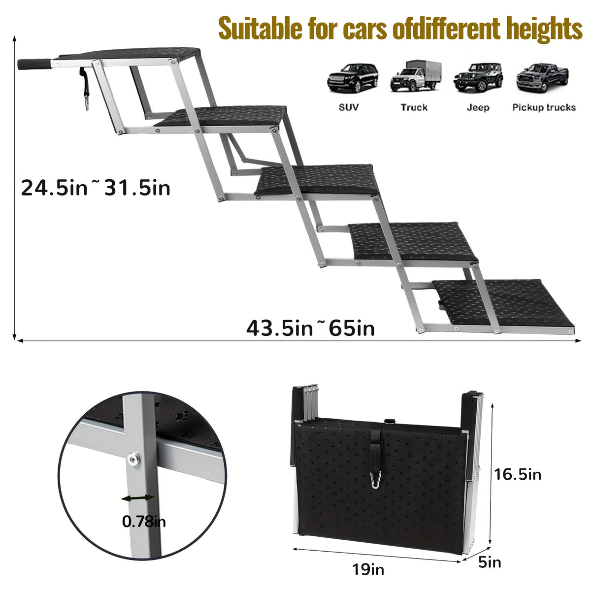 Dog Stairs for Cars, 6-Step Folding Non-Slip Pet Ladder for Large Dogs up to 200 lbs, Portable Vehicle Steps for SUVs and Trucks