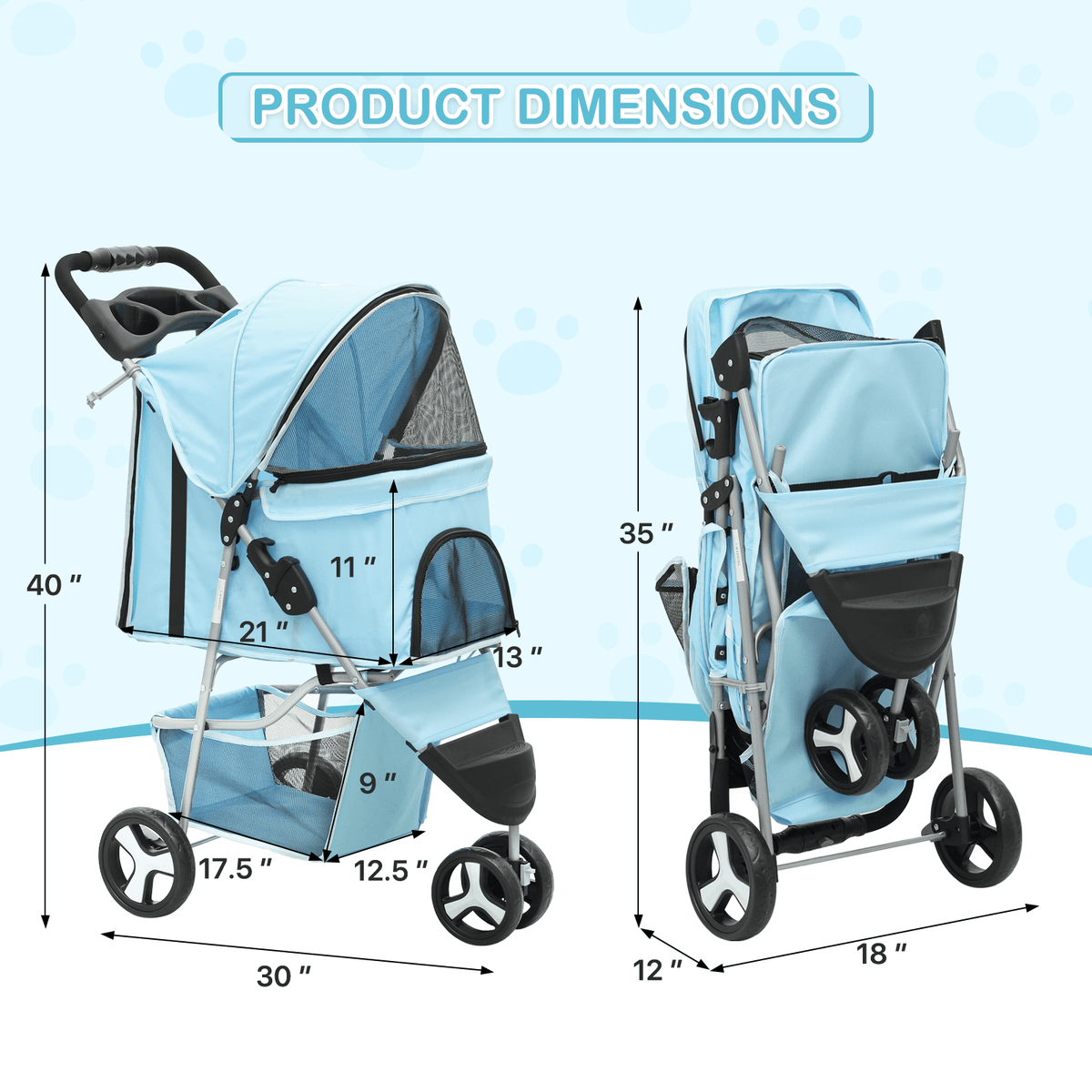 Three-Wheel Dog Stroller with Weather Cover, Foldable Mesh Pet Pushchair for Small Dogs and Cats, Storage Basket, Cup Holder and 10 Style Options
