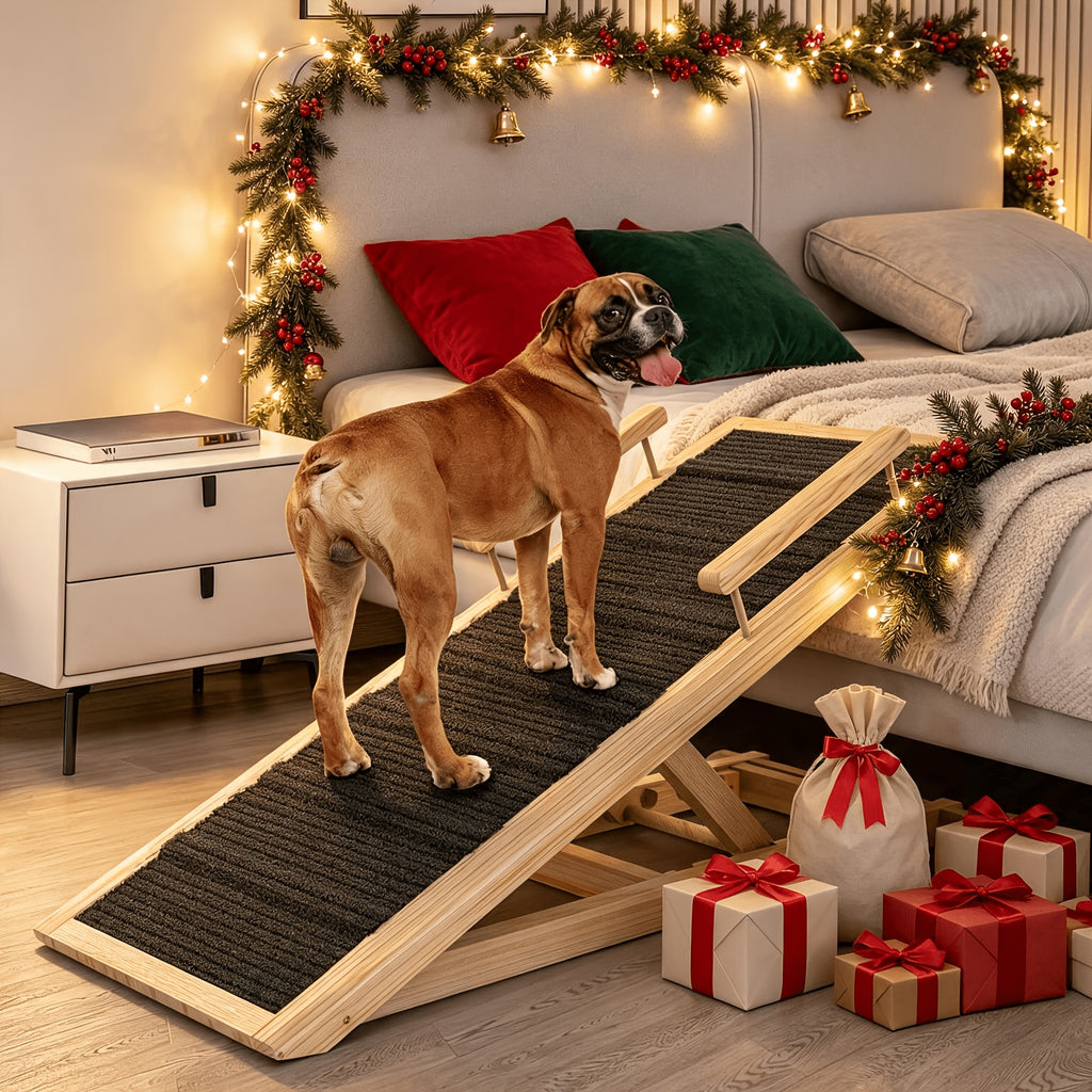 Dog Ramp for Bed and Sofa, Folding Wooden Pet Ramp with Adjustable Height and Side Guards, 40, 44 or 55 Inch Length Options for Furniture Access
