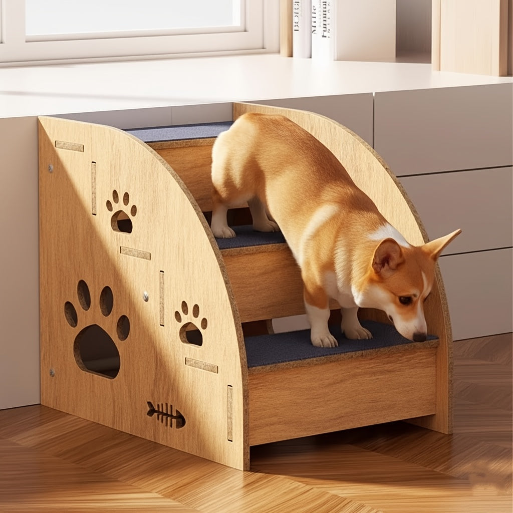 Pet Stairs for Bed and Couch, 15-Inch Three-Tier Dog and Cat Steps with Non-Slip Surface, Side Railings and Compact Ramp-Style Design