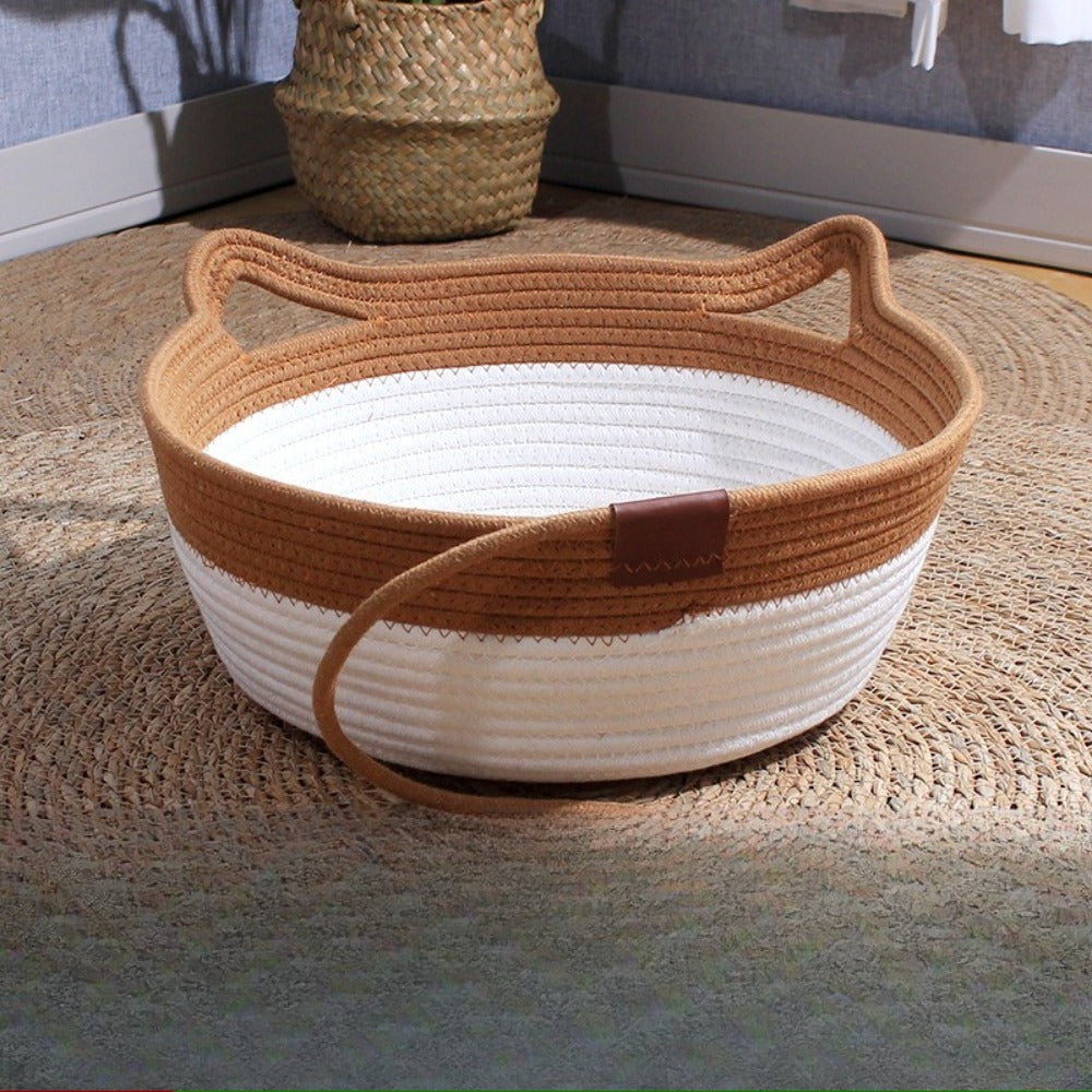 Woven Cat Bed and Scratcher Basket with Cat Ear Rim and Rope Ball Toy, Medium Indoor Lounger for Resting, Scratching and Play