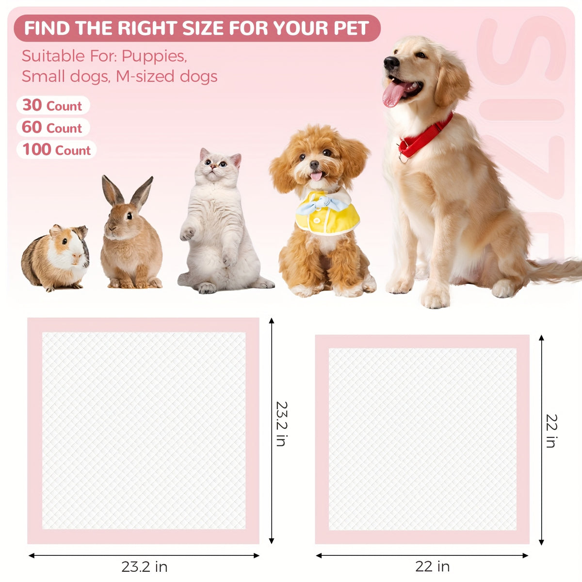 Pink Puppy Pee Pads 100 Count, 23.2 x 23.2 Inch Six-Layer Absorbent Pet Potty Training Mats for Indoor Housebreaking, Kennels and Everyday Home Care