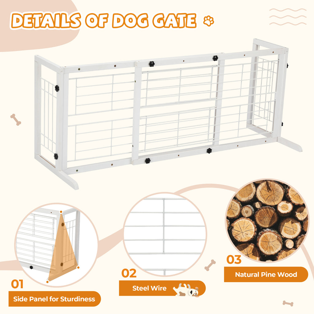 Wood Dog Gate with Sliding Width Adjustment, 38–71 Inch Freestanding Pinewood Pet Barrier with Wide Support Base for Indoor Doorways and Hallways
