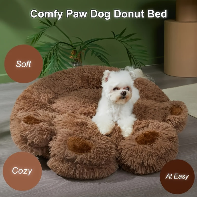 Donut Dog Bed with Bear Paw Design, Soft Plush Cuddler for Dogs and Cats, Cozy Indoor Sleeping Nest in Coffee Gray or Pink, 22 to 37 Inch Sizes