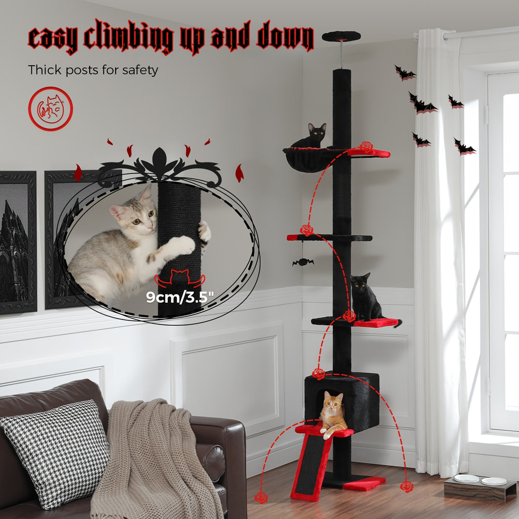 5-Tier Floor to Ceiling Cat Tree, 83–108 Inch Adjustable Indoor Cat Tower with Condo, Hammock, Scratching Post and Ladder in Seven Color Options
