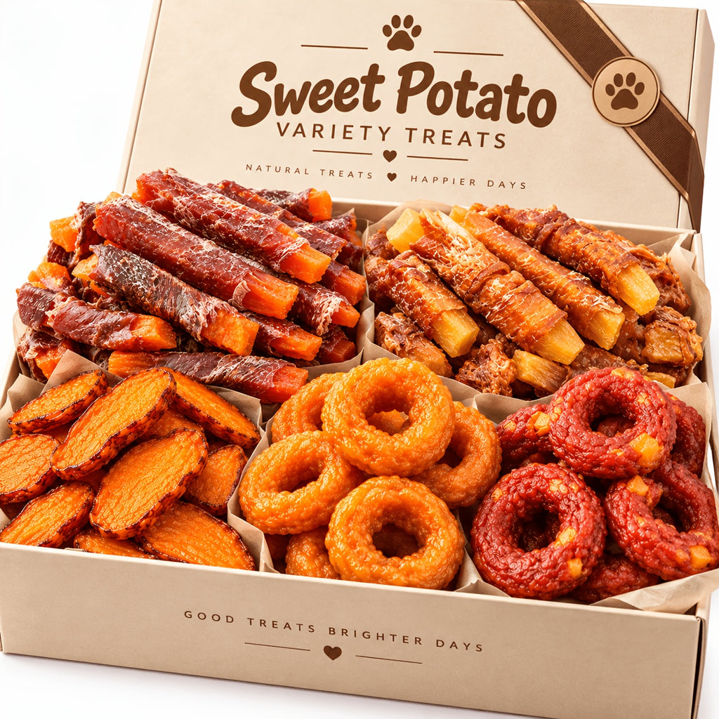 Sweet Potato Dog Treat Selection with Dried Slices, Duck Sweet Potato and Chicken Donut Options, Chewy Snacks for Supervised Rewards and Treat Time