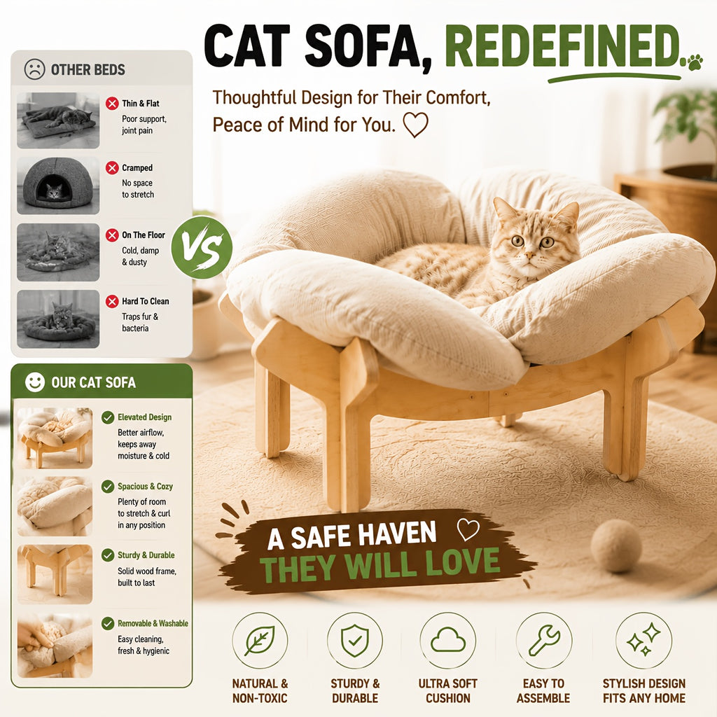 Elevated Cat Bed with Heart-Shaped Wooden Frame and Soft Cushion, Raised Indoor Pet Sofa for Cats and Small Dogs in Pink, Apricot or Light Blue