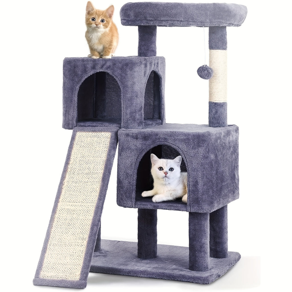 Cat Tree with Double Condos and Ramp, 36 Inch Plush Indoor Cat Tower with Top Perch, Sisal Scratching Posts and Dangling Ball, Three Colors