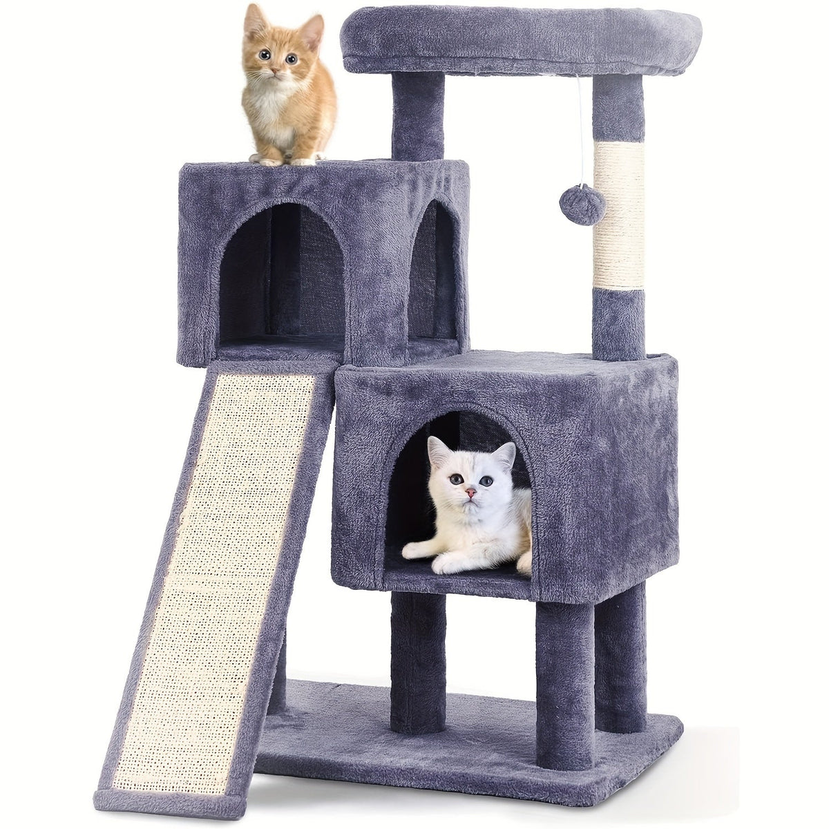 Cat Tree with Double Condos and Ramp, 36 Inch Plush Indoor Cat Tower with Top Perch, Sisal Scratching Posts and Dangling Ball, Three Colors