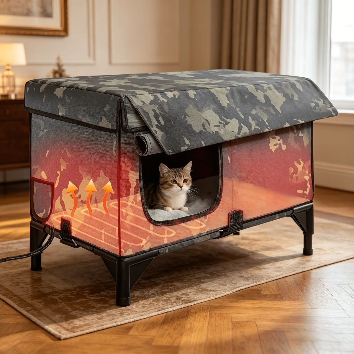 3-in-1 Heated Cat House with Detachable Heating Pad and Elevated Bed, Dual-Entry Cat Shelter in Brown, Camouflage and Roof Style Options