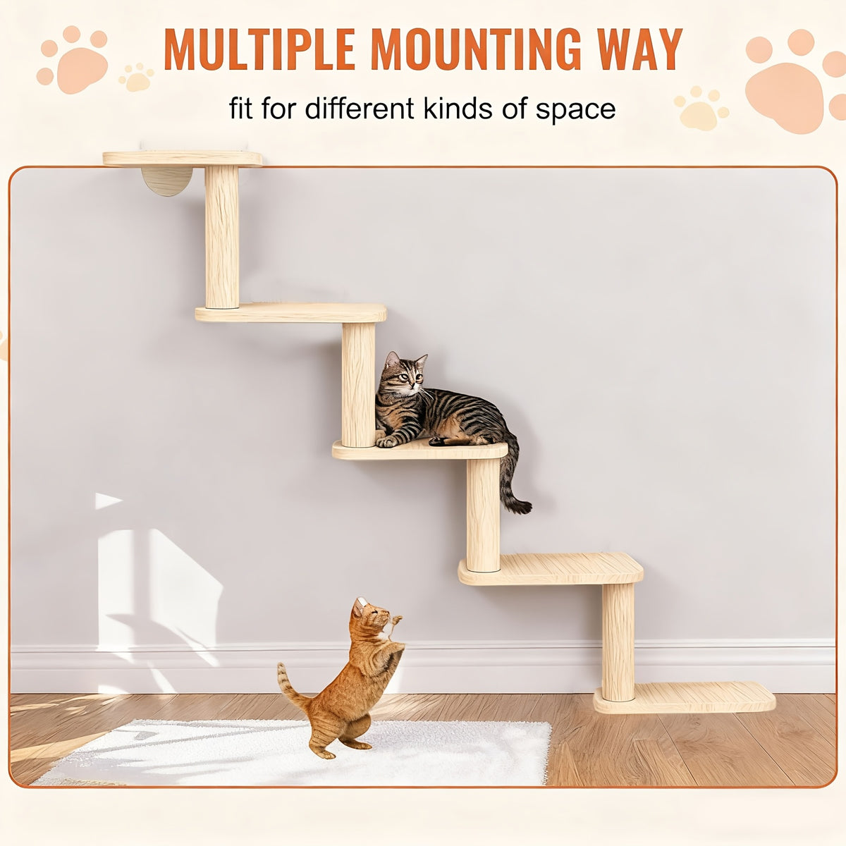 Wooden Cat Wall Steps with Five Levels, Solid Wood Wall-Mounted Cat Climbing Platforms and Indoor Perches for Space-Saving Play and Elevated Rest