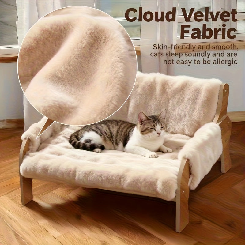 Plush Cat Sofa Bed with Elevated Design, Removable Washable Pet Lounger for Cats and Dogs, Brown Yellow or Grey for Everyday Indoor Rest