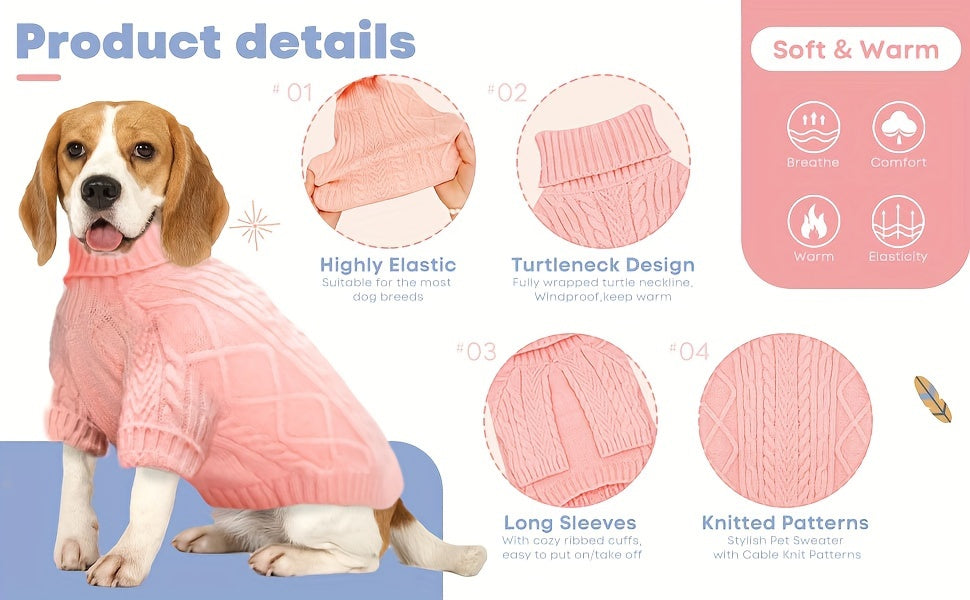 Cable Knit Dog Sweater with Turtleneck and Long Sleeves, Soft Warm Pullover for Small to Medium Dogs, Five Colors and XS-XL Sizes