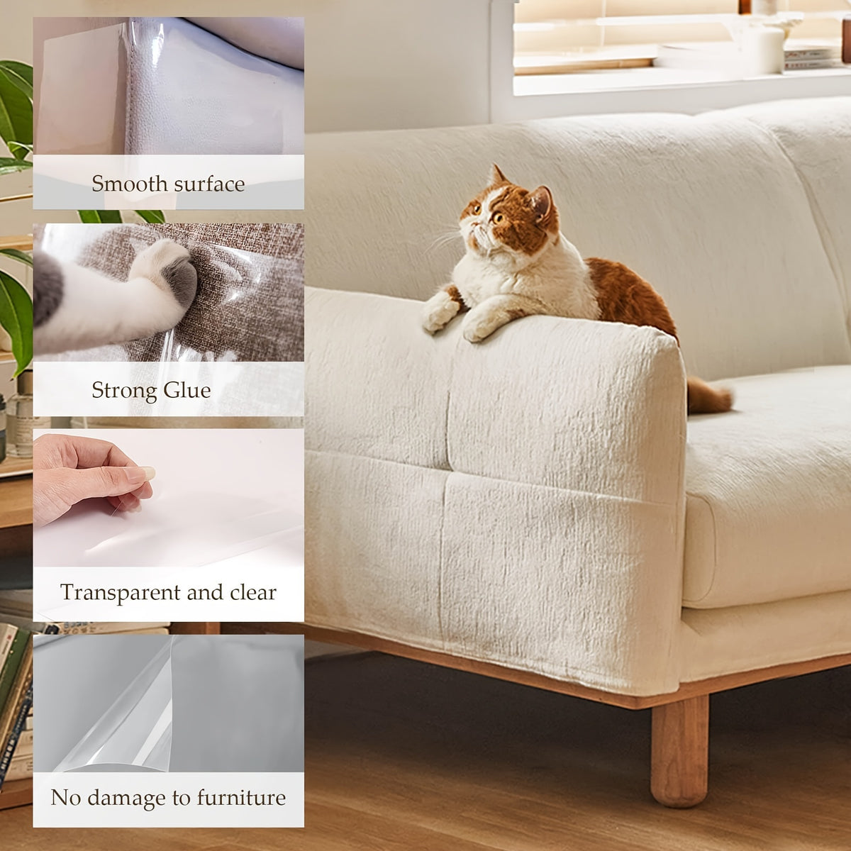 Clear Cat Scratch Protector 4-Pack, Waterproof PVC Furniture Protection Film for Indoor Sofas and Recliners, Transparent Double-Sided Scratch Shields