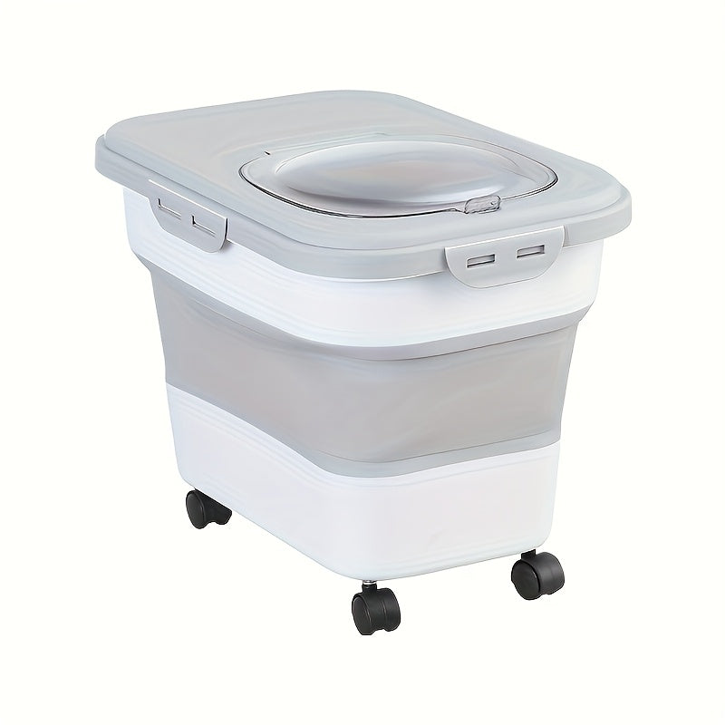 Pet Food Storage Container with Measuring Cup, Foldable Square Plastic Dry Dog and Cat Food Bin with Wheels and Sealing Lid for Pantry Organization