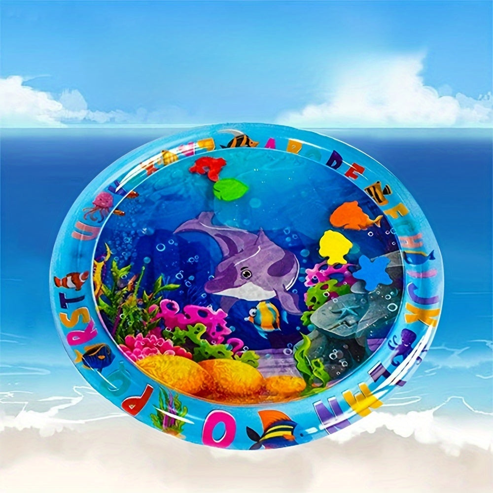 Round Pet Cooling Mat with Water-Fill Center, Blue Ocean Animal Print Pad with Inflatable Rim for Cats and Small Dogs, Indoor and Shaded Patio Use
