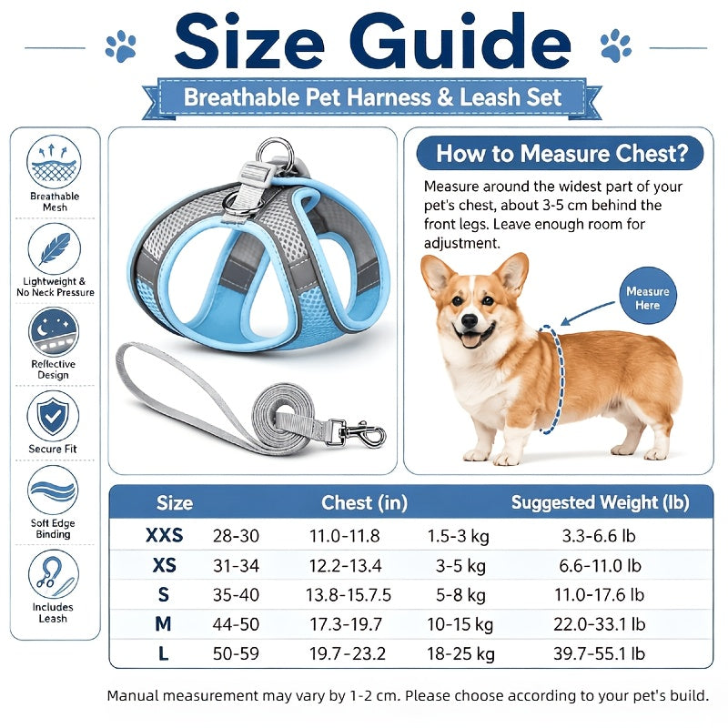 Mesh Pet Harness and Leash Set for Dogs and Cats, Reflective Vest with Padded Edges, Adjustable Fit and Four Color Options in XXS to L