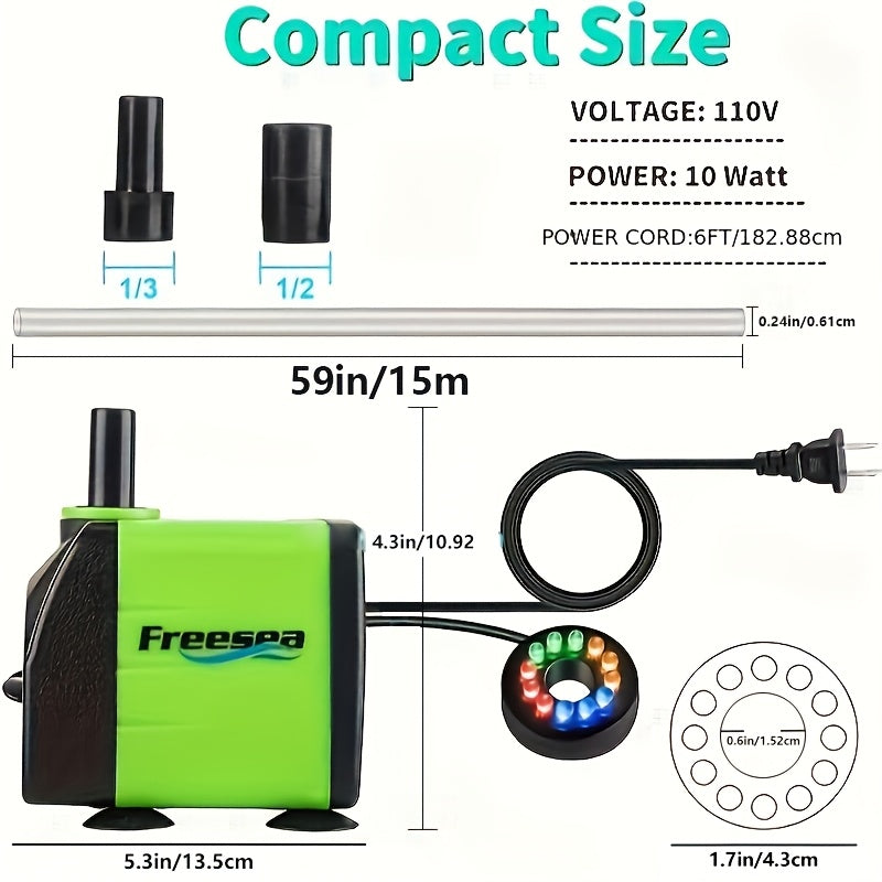 Submersible Fountain Pump 160GPH 10W with Adjustable Flow, Two Nozzles and Tubing for Aquarium, Small Pond and Hydroponic Water Circulation