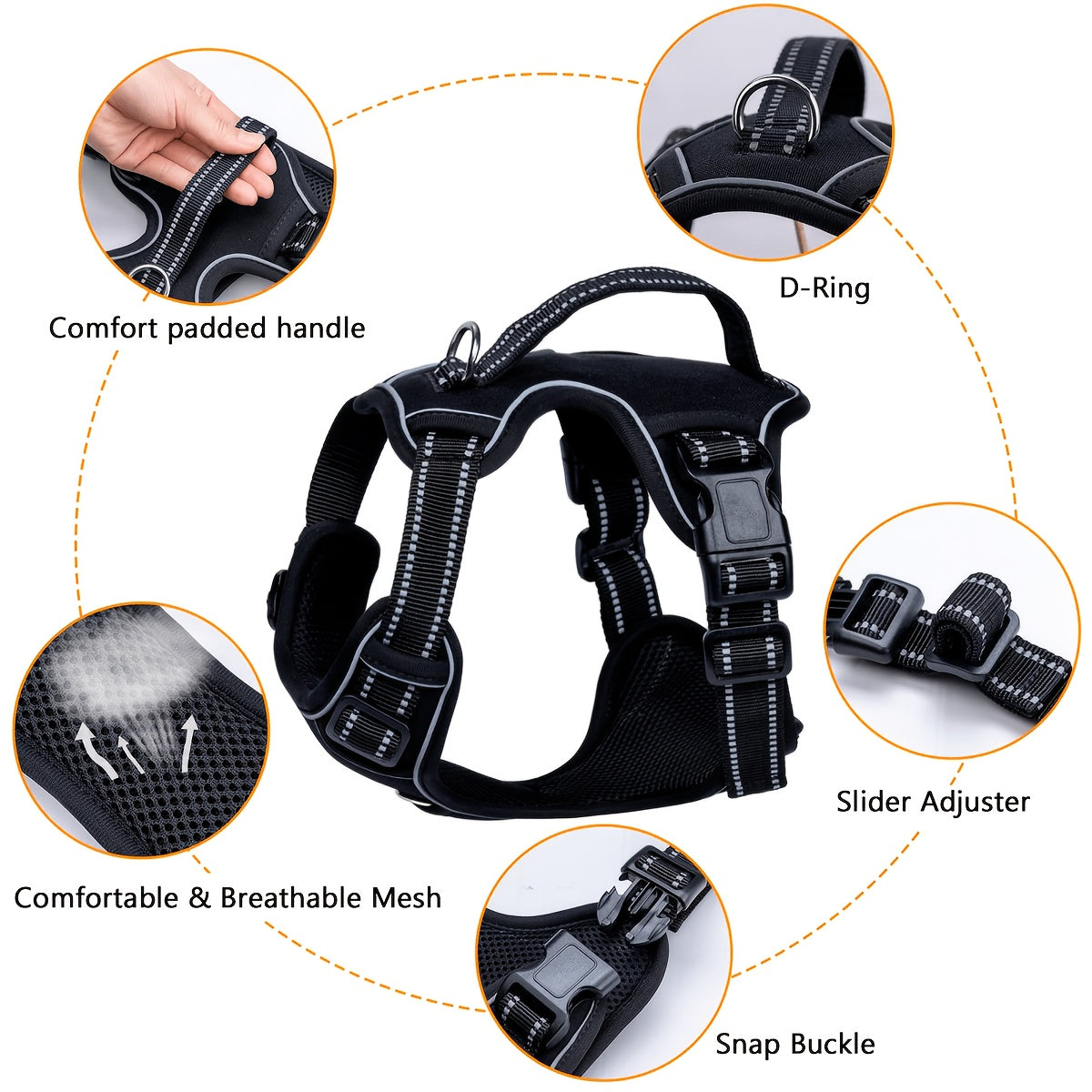 Dog Harness and 5ft Leash Bundle, Adjustable Reflective Walking Vest in Black, Blue or Red, S-XL Sizes for Everyday Walks and Training