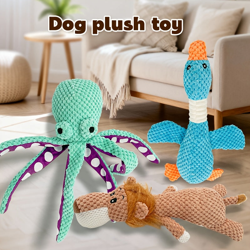 Random Animal Plush Dog Toy, One Squeaky Textured Companion for Supervised Gentle Play, Assorted Octopus, Goose, Wolf, Lion or Elephant Style