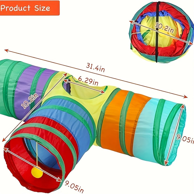 Rainbow Cat Play Tunnel, Collapsible S-Shaped or 3-Way Tubes with Peek Holes and Ball Features, Single or Two-Pack Options for Indoor Cat Play