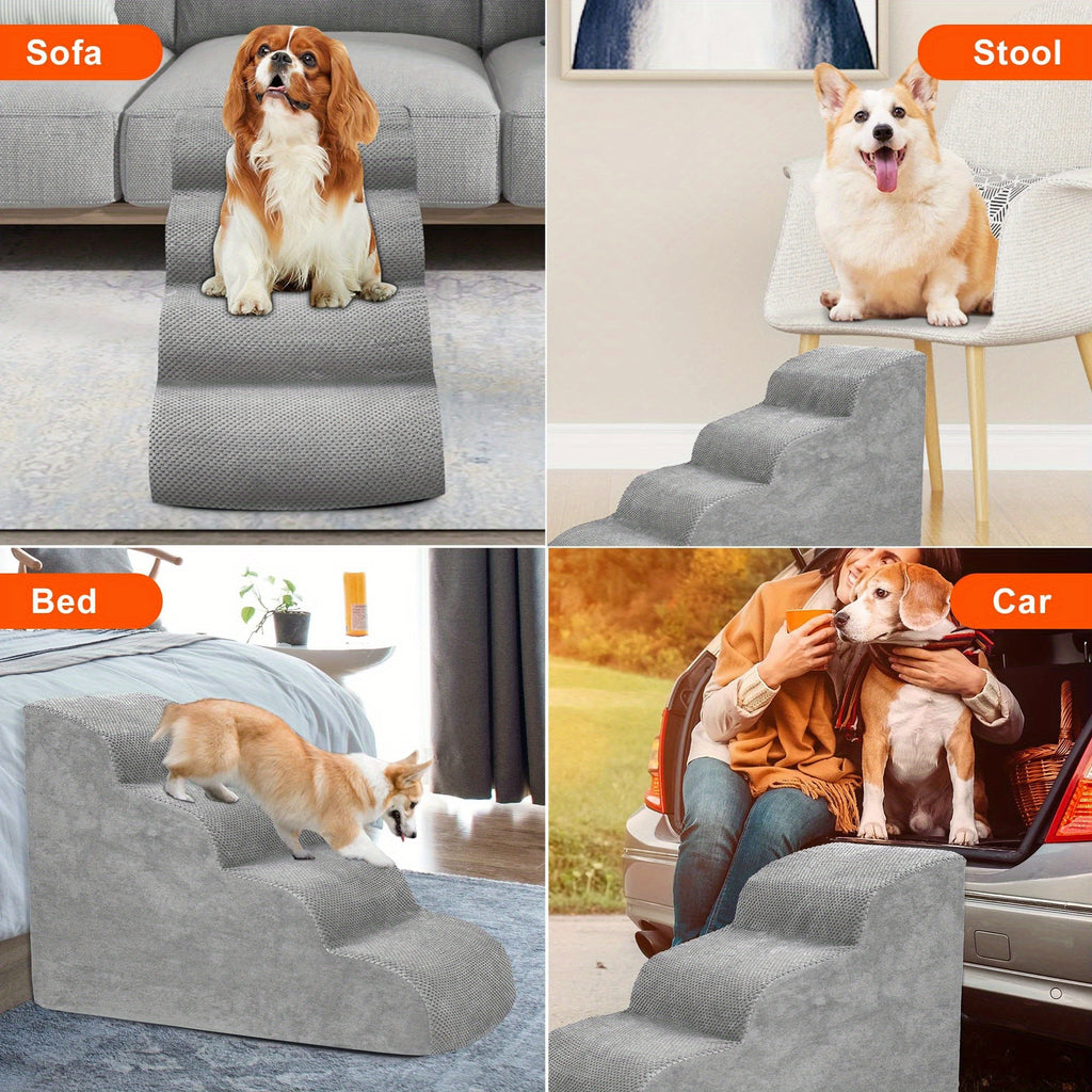 Memory Foam Dog Steps with Washable Cover, 2-Step Pet Stairs with Non-Slip Bottom and Textured Surface for Sofa and Bed Access, Brown or Camel