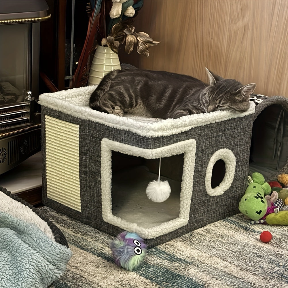 Cat Cube Bed with Foldable Canvas Design and Hanging Plush Ball, Nylon Frame Indoor Hideaway in Gray Classic or Extended Dual-Port Styles