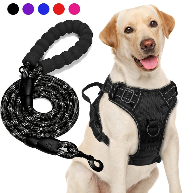 Oxford Dog Harness and Rope Leash Set, Adjustable Reflective Mesh-Padded Walking Vest with Four Fit Points and 5-Foot Padded-Handle Lead, S to XL