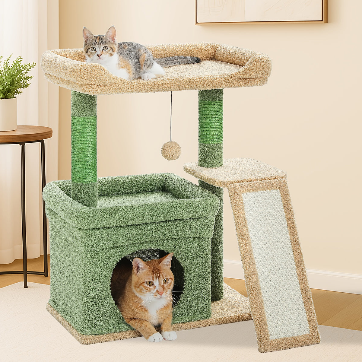 Cat Tree with Wide Perch and Condo, Modern Wood Cat Tower with Sisal Scratching Posts and Pad for Large Adult Indoor Cats and Compact Living Spaces